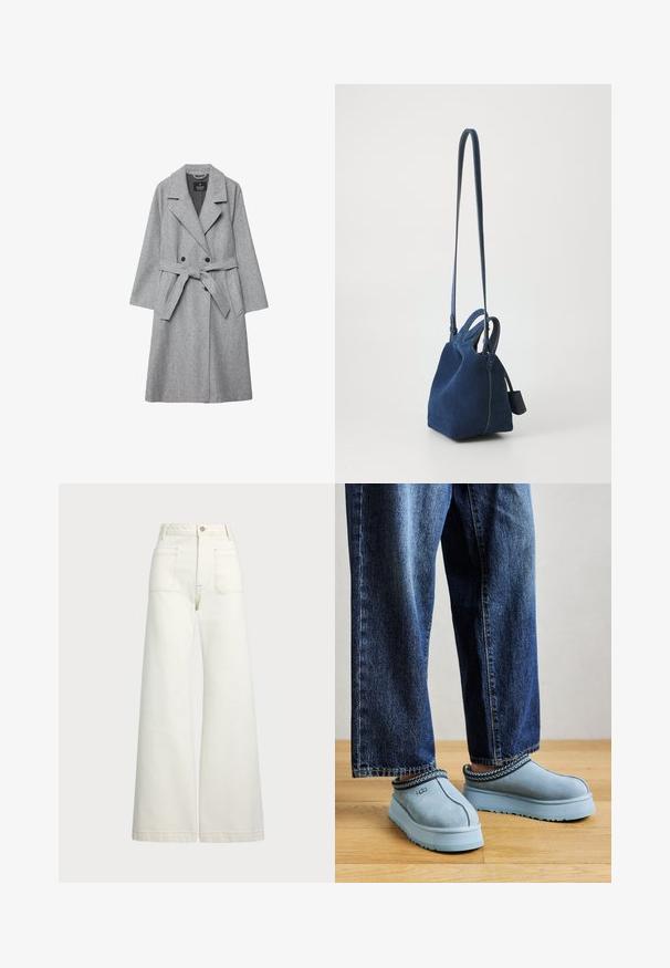 Sivý kabát z vlnenej zmesi s dvojradovým zapínaním, veľkými klopami, opaskom v páse a bočnými vreckami. Má mäkkú štruktúru a prispôsobený strih.; Krátky rukáv, pruhovaný top v krémovej a námorníckej modrej farbe, s okrúhlym výstrihom a štvorcovým strihom z texturovanej tkaniny.; Džínsy s širšími nohavicami v off-white denim. Vysoký pás s gombíkovým zapínaním, dve predné vrecká a kontrastné švy.; Modré semišové slip-on topánky UGG s hrubými podrážkami, nosené s modrými džínsami na drevenej podlahe na jednofarebnom pozadí.; Námornícky zamakový kabelka so štruktúrovaným tvarom, s dvoma hornými uchami a dlhým, nastaviteľným popruhom. Obsahuje kontrastné švy a bočný tag.
