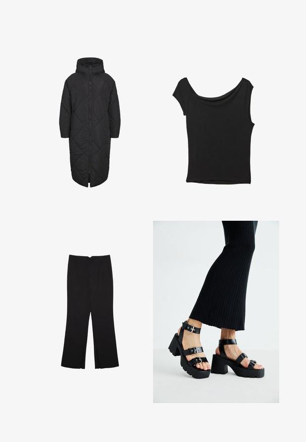 Svart vadderad jacka med huva, som har en helängdsdragkedja och diamantquiltat mönster. Tillverkad av mjukt, lätt material.; Svart kortärmad topp i slät tyg; har en draperad halsringning och asymmetrisk nederkant, med en figursydd kropp.; Svarta byxor med rak passform, utrustade med framfickor och sidoklyvningar vid fållen. Tillverkade av mjukt, slätt tyg. Lämpliga för olika tillfällen.; Svarta plattformssandaler med kraftiga yttersölar och flera remmar, med metalspännen och en slät läderliknande yta.