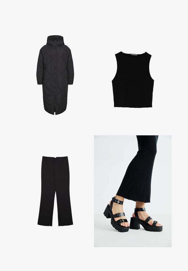 Černý prošívaný kabát s kapucí, s celoplošným zipem a vzorem v diamantech. Vyrobeno z měkkého, lehkého materiálu.; Černý bezsleeve crop top vyrobený z hladké tkaniny, s kulatým výstřihem a čistým, jednoduchým designem bez vzorů nebo kovových doplňků.; Černé kalhoty s rovným střihem, s předními kapsami a bočními rozparky na lemu. Vyrobené z jemné, hladké tkaniny. Vhodné na různé příležitosti.; Černé platformové sandály s robustními podrážkami a několika řemínky, s kovovými sponami a hladkým koženkovým povrchem.