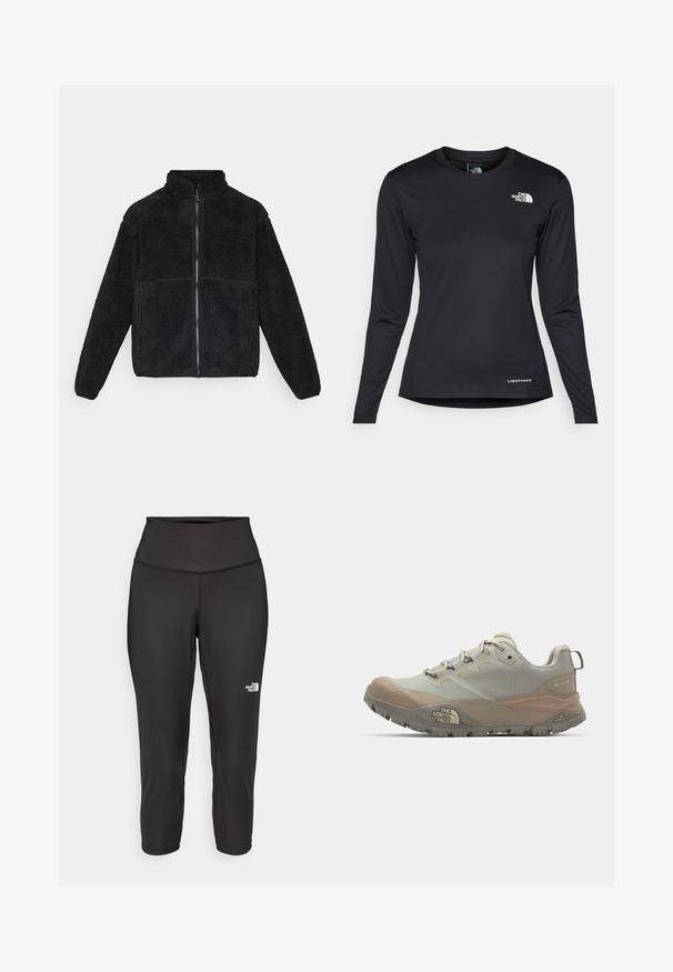 Veste en polaire noire à fermeture éclair intégrale avec col haut et manches longues, fabriquée en matière sherpa texturée.; The North Face SHADOW LONG SLEEVE - T-shirt à manches longues - black; Leggings capri noirs en tissu extensible, dotés d'une taille haute et d'un petit logo blanc sur le côté gauche. Texture lisse.; Baskets de sport gris clair avec des accents beiges, fabriquées en matériau synthétique. Présentent une semelle robuste, un design à lacets et un logo sur le côté.