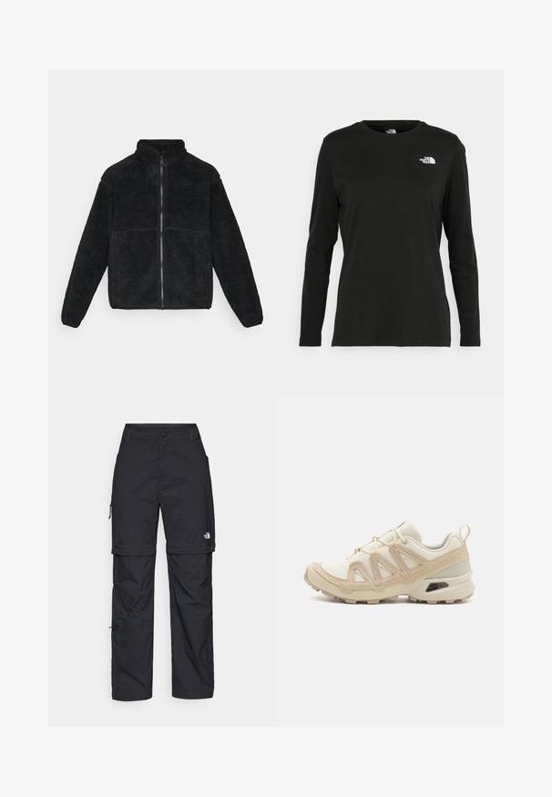 Veste en polaire noire à fermeture éclair intégrale avec col haut et manches longues, fabriquée en matière sherpa texturée.; T-shirt noir à manches longues en coton avec un col rond. Présente un petit logo blanc sur la partie gauche de la poitrine. Design et coupe simples.; Pantalons cargo en nylon noir, à zip amovible, avec chevilles ajustables, plusieurs poches et un logo sur la jambe droite. Texture lisse et légère.; Baskets de sport beiges et crème avec une tige en mesh texturé, des superpositions de soutien et une semelle en caoutchouc dotée d'un motif de crampons pour une traction.