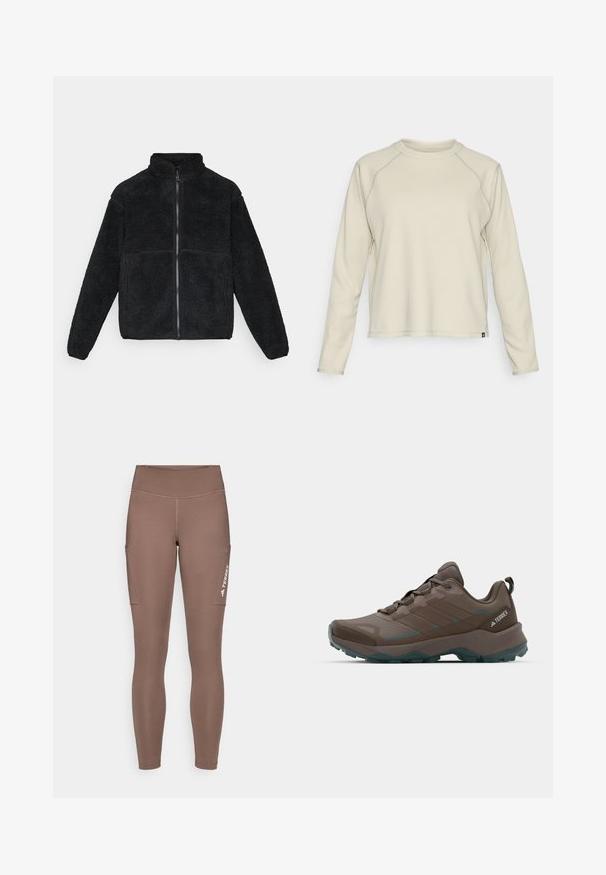 Mustaharik musta villane jope, lintšiga ja pikkade varrukatega, valmistatud tekstureeritud sherpa materjalist.; Helehbeige pikkade varrukatega särk, millel on tekstuuriga ribakujundus. Omab raglan-varrukaid ja ümarat kaelust. Diskreetne brändi logo hemil.; Pruunid spord Leggingsid kõrge vöökohaga, külgtaskud ja valge logo. Sile ja veniv kangas mugavuse ja liikumisvabaduse tagamiseks.; Hallgrüüne ja teal värvi matkajalatsid, millel on võrkpaneelid, tekstureeritud pealis ja robustne kummipõhi. Omab pehmendatud keele ja paeladega kinnitust.