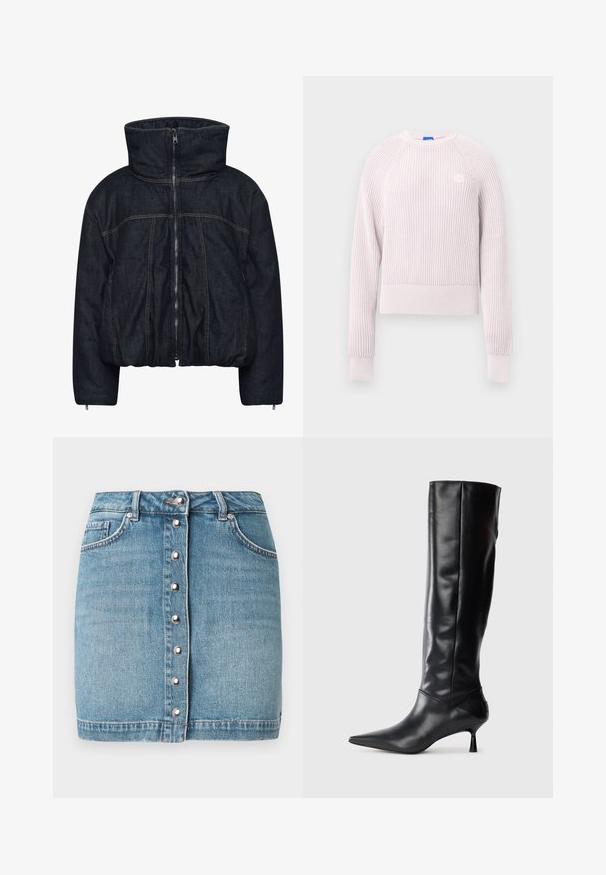 Gestuz RINOVA PUFFER - Chaqueta de invierno - dark blue unwashed; Suéter corto de color rosa claro con textura acanalada, escote redondo y mangas largas. Presenta un pequeño logo en el pecho.; Minifalda de mezclilla azul claro con cierre frontal de botones con herrajes plateados, dos bolsillos frontales y dobladillo deshilachado.; Bota de cuero negra hasta la rodilla con punta afilada y tacón delgado curvado. Textura suave, diseño ajustado y sin hardware ni patrones visibles.