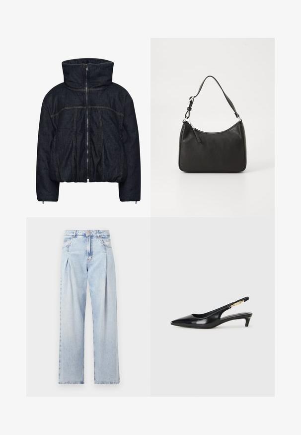 Gestuz RINOVA PUFFER - Vinterjakke - dark blue unwashed; Hvit kortermet t-skjorte laget av bomull med rund hals-design. Glatt tekstur og rett snitt, uten mønstre eller detaljer.; Lyseblå denimjeans med høy livlinje, vide ben, to sidelommer og plisserte detaljer. Myk tekstur med en falmet finish.; Sorte lærreim hæler med spiss tå, som har en slank hæl og en gullfarget detalj på den justerbare stroppen. Glatt tekstur.; Svart lærveske med en buet form, en enkelt stropp, glidelåslukking og subtil merkevarebygging på forsiden. Glatt tekstur, minimalistisk design.