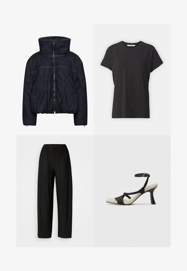 Gestuz RINOVA PUFFER - Talvejope - dark blue unwashed; Must have mustrisest t-särk klassikalise ümmarguse kaelusega, lühikeste varrukatega ja lõdva lõikega. Sile tekstuur, nähtavate mustrite või aktsentideta.; Mustad voodri laiad püksid elastse vöökoha ja vertikaalsete volangidega, millel on sile tekstuur.; Mustad musta kontsaga sandaal, millel on punutud rihma disain, ruudukujuline varvas ja reguleeritav pahkluu rihm. Heleda beeži värvi jalapadi ja läikiv must konts.