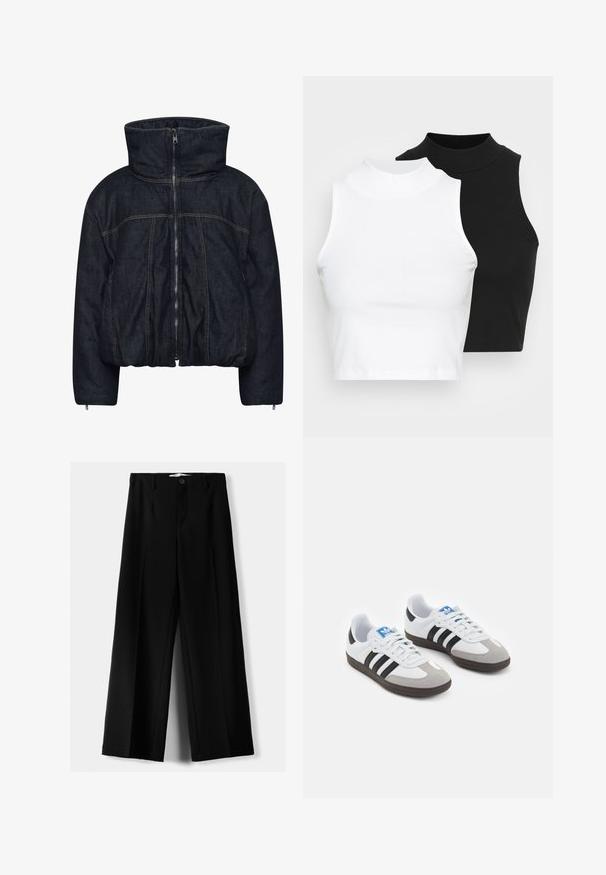 Gestuz RINOVA PUFFER - Giacca invernale - dark blue unwashed; Due top in maglia senza maniche, a collo alto, in nero e bianco, con un design aderente e una superficie liscia, di lunghezza cropped.; Pantaloni neri a gamba larga realizzati in tessuto leggero, caratterizzati da una chiusura frontale con bottone e frontale piatto, con orli cuciti con precisione.; Scarpe sportive con tomaia in pelle bianca, punta in suede grigia e tre strisce nere. Presentano un logo blu sulla linguetta e una suola in gomma testurizzata.