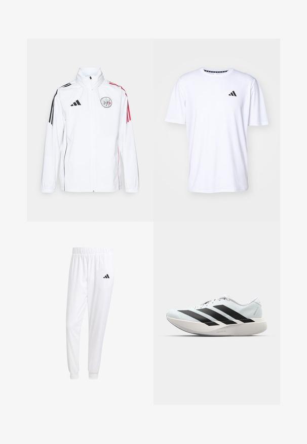 Biela bunda adidas s čiernymi akcentmi, červenými pruhmi na rukávoch, vysokým golierom a vyšívaným logom na ľavej hrudi; hladká textúra.; Biela krátkoprstá tričko vyrobené z látky s hladkou textúrou. Má čierne logo adidas na ľavej hrudi a vzorovaný golier.; Biele športové nohavice z hladkej tkaniny, s elastickým pásom a priliehavými manžetami, s čiernym logom na zadnej vrecku.; Ľahké bežecké topánky v svetlomodrej farbe s čiernymi pruhmi. Majú hladký zvršok, okrúle špičky a hrubú bielu medzipodrážku označenú "LIGHTSTRIKE PRO."