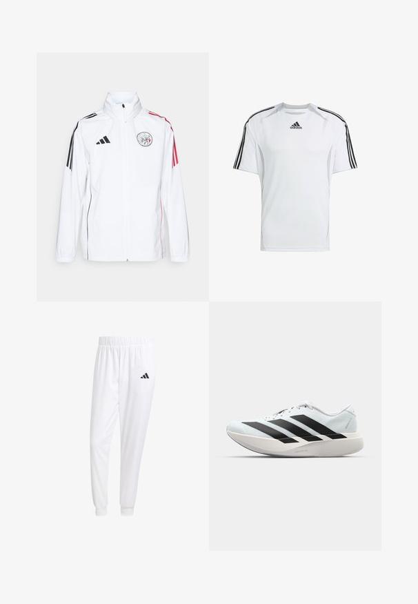 Biela bunda adidas s čiernymi akcentmi, červenými pruhmi na rukávoch, vysokým golierom a vyšívaným logom na ľavej hrudi; hladká textúra.; Biele krátke rukávy športové tričko s čiernymi Adidas trojpruhmi na pleciach, vyrobené z hladkej, ľahkej tkaniny.; Biele športové nohavice z hladkej tkaniny, s elastickým pásom a priliehavými manžetami, s čiernym logom na zadnej vrecku.; Ľahké bežecké topánky v svetlomodrej farbe s čiernymi pruhmi. Majú hladký zvršok, okrúle špičky a hrubú bielu medzipodrážku označenú "LIGHTSTRIKE PRO."