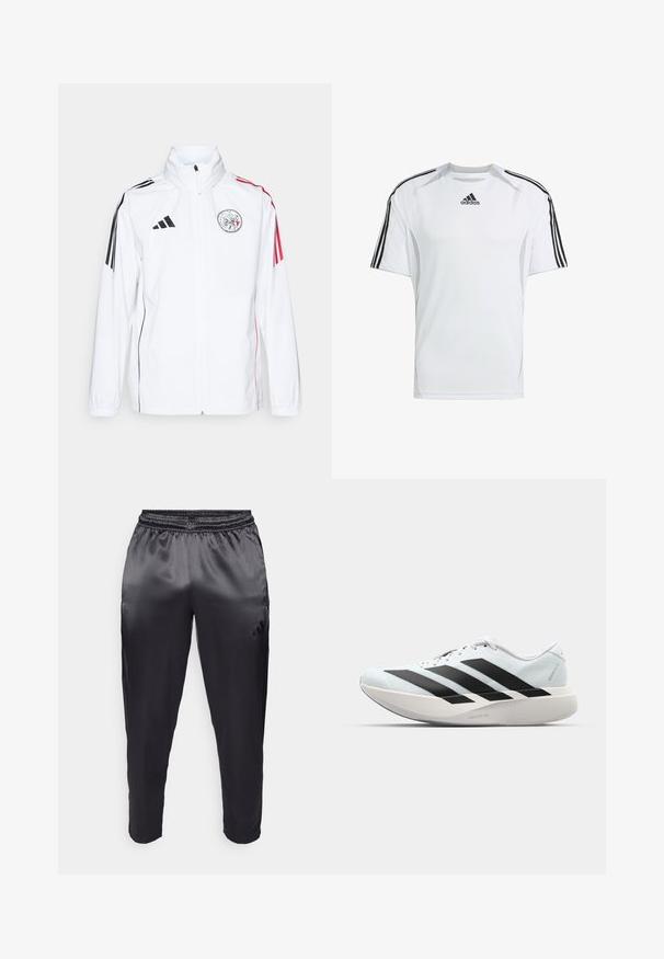 Jachetă albă adidas cu accente negre, dungi roșii pe mâneci, guler înalt și un logo brodat pe pieptul stâng; textură netedă.; Cămașă sport albă cu mâneci scurte, cu accente negre într-un model cu trei dungi Adidas pe umeri, confecționată dintr-un material fin și ușor.; Pantaloni sportivi negri dintr-un material neted, ușor, cu un tiv elastic. Au un logo mic pe partea stângă și picioare tapered.; Pantofi de alergare ușori în albastru deschis cu dungi negre. Au un superior neted, vârf rotund și o intermediară groasă albă etichetată "LIGHTSTRIKE PRO."