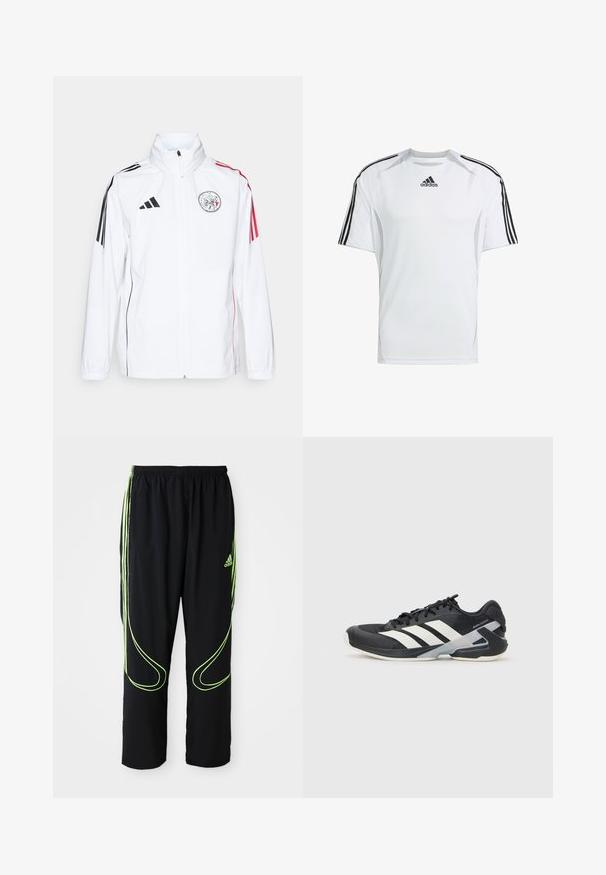 Fehér adidas dzseki fekete részletekkel, piros csíkok a ujjakon, magas nyak, és hímezetű logó a bal mellkas részen; sima textúra.; Fehér, rövid ujjú sport póló fekete Adidas három csíkkal a vállakon, sima, könnyű szövetből készült.; Fekete Adidas sportnadrág neon zöld íves vonalakkal és három csíkkal az oldalán, rugalmas derékkal, és Adidas logóval az elülső combon.; Fekete sportcipő fehér csíkokkal, hálós felsőrész, kerek orr és párnázott talp. Texturált sarokkal és biztonságos fűzőrendszerrel rendelkezik.