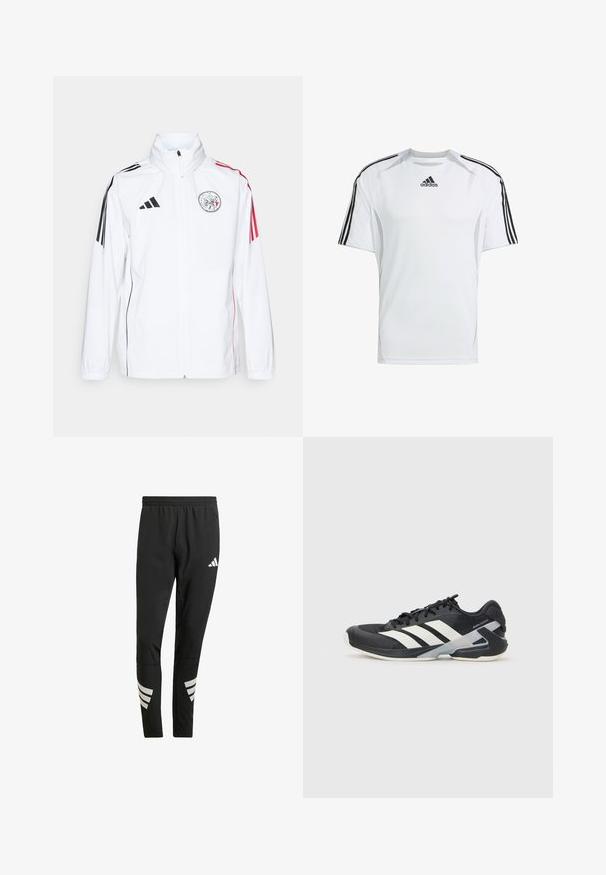 Balta adidas striukė su juodais akcentais, raudonomis juostomis ant rankovių, aukštu apykaklės dizainu ir siuvinėtu logotipu kairėje krūtinės pusėje; lygi tekstūra.; Balta trumpa rankovėmis sportinė marškinė su juodais „Adidas“ trimis juostelėmis ant pečių, pagaminta iš lygaus, lengvo audinio.; Juodos sportinės kelnės su elastingu juosmeniu, turinčios atspindinčių baltų akcentų juostelėmis apatinėse kojose. Pagamintos iš lygaus audinio.; Juoda sportinė avalynė su baltais dryžiais, tinklinis viršus, apvalus pirštas ir paminkštinta padais. Yra tekstūruota kulno dalis ir saugi raištelių sistema.