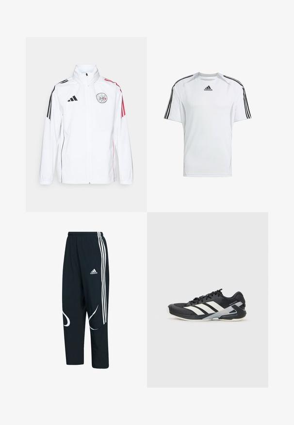 Biała kurtka adidas z czarnymi akcentami, czerwonymi paskami na rękawach, wysokim kołnierzem i haftowanym logo na lewej piersi; gładka tekstura.; Biała koszulka sportowa z krótkim rękawem z czarnymi akcentami trzech pasków Adidas na ramionach, wykonana z gładkiego, lekkiego materiału.; Czarne spodnie dresowe z białymi paskami i logo, o luźnym kroju, elastycznym pasie i zaokrąglonych białych wzorach po bokach.; Czarne buty sportowe z białymi paskami, siateczkowa cholewka, zaokrąglony czubek i amortyzowana podeszwa. Posiadają teksturowany obcas i pewny system sznurowania.