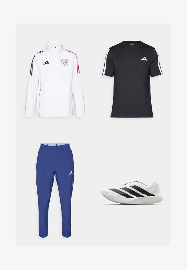 Fehér adidas dzseki fekete részletekkel, piros csíkok a ujjakon, magas nyak, és hímezetű logó a bal mellkas részen; sima textúra.; Fekete, rövid ujjú pamut póló, fehér csíkokkal a vállain és fehér logóval a bal mellkason.; adidas Performance TECH APP - Tréningruha alsók - dark blue/glow blue; Világoskék, fekete csíkos könnyű futószerek. Simább felső résszel, kerek orral és vastag fehér középtalppal, amelyen a "LIGHTSTRIKE PRO" felirat olvasható.