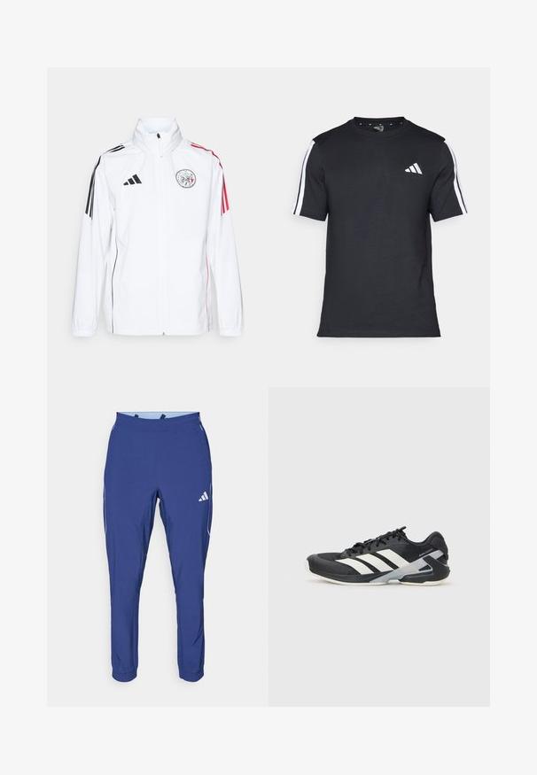 Balta adidas jaka ar melniem akcentiem, sarkaniem svītrām uz piedurknēm, augstu apkakli un izšūtu logo kreisajā krūtī; gluda tekstūra.; Melna kokvilnas T-kreklā ar īsām piedurknēm, uz kurām ir baltas svītras plecu daļā un balts logos kreisajā krūtīs.; adidas Performance TECH APP - Treniņtērpa apakšdaļas - dark blue/glow blue; Melnas sporta kurpes ar baltām svītrām, acs augšdaļa, noapaļots pirksts un mīksts zole. Iespējams ar teksturētu papēdi un drošu šņoru sistēmu.