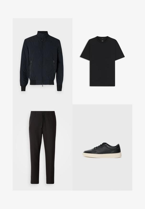 Giacca bomber nera imbottita con colletto alto, chiusura frontale con zip e tasche laterali. Presenta motivi circolari testurizzati e polsini a costine.; Maglietta nera a maniche corte realizzata in un morbido misto cotone, con scollatura a girocollo e un design minimalista senza motivi o dettagli.; Pantaloni jogger neri realizzati in tessuto liscio. Presentano una vita elasticizzata con stringa, gambe affusolate e senza tasche visibili. Design semplice.; Sneaker in pelle nera a basso profilo con lacci neri e suola avorio, mostrato di profilo su sfondo bianco.