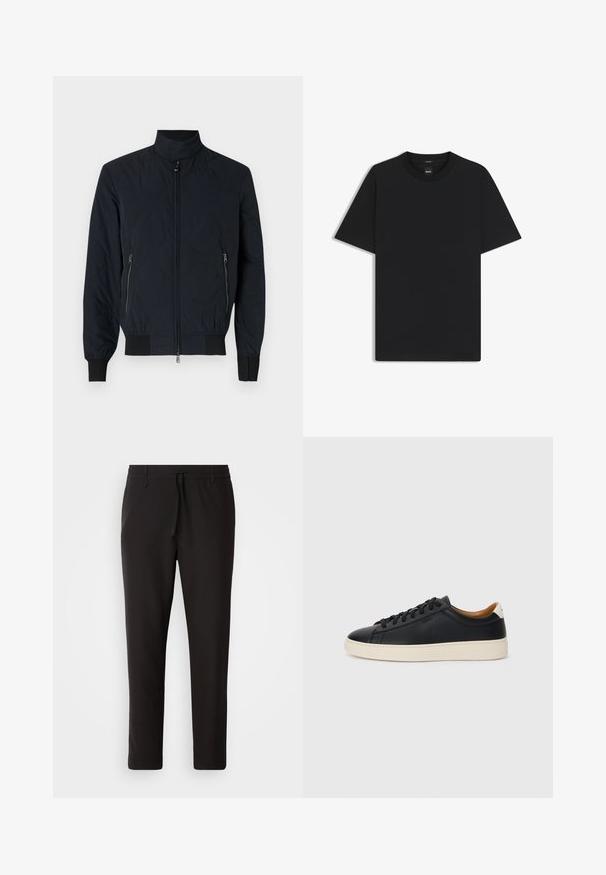 Polstret sort bomberjakke med høj krave, lynlås foran og sidelommer. Har strukturerede cirkulære mønstre og ribbede manchetter.; Sort kortærmet T-shirt lavet af en glat bomuldsblanding, med en rund halsudskæring og et minimalistisk design uden mønstre eller accenter.; Sorte joggebukser lavet af glat stof. Har en elastisk talje med snor, tætsiddende ben og ingen synlige lommer. Enkel design.; Sorte lædersneakers med en glat overflade, beige gummisål, snørebåndsdesign og en kontrastfarvet hæl.