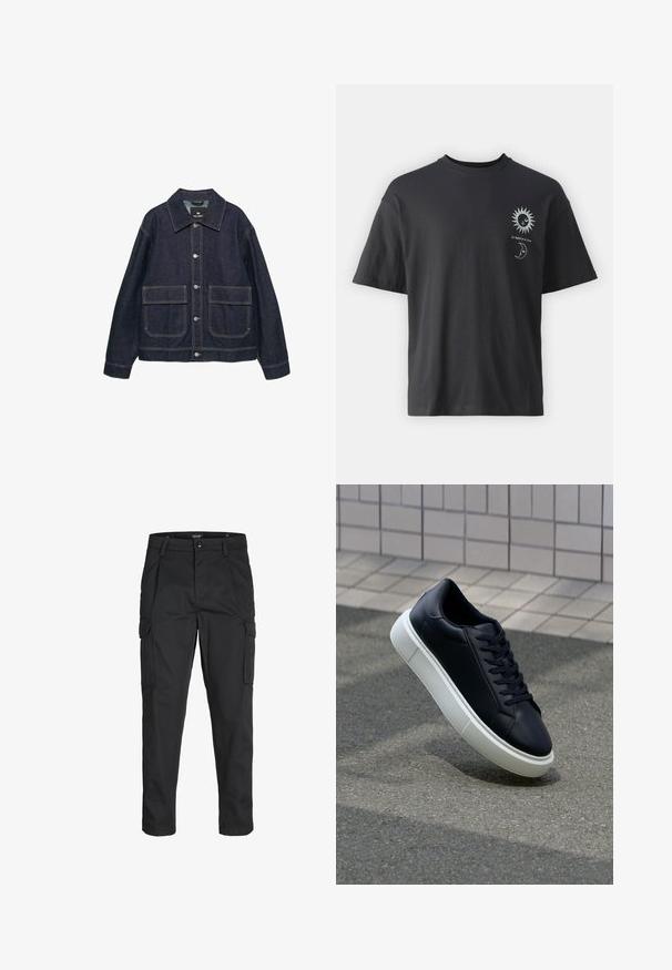 Jachetă din denim închis, cu guler clasic, două buzunare frontale, nasturi cu capsenă argintii și cusături contrastante pe toată suprafața.; Tricou din bumbac negru, cu mâneci scurte, guler rotund și grafica frontală a unui soare și a unei luni, însoțită de textul "Le Soleil et La Lune."; Pantaloni cargo negri dintr-un material rezistent, cu multiple buzunare, închidere cu nasture și un design slim fit cu picioare conice.; Tenis cu piele neagră, cu vârful rotund și talpă din cauciuc alb. Are șireturi plate și cusături minime pe suprafață. Tălpile texturate oferă aderență.