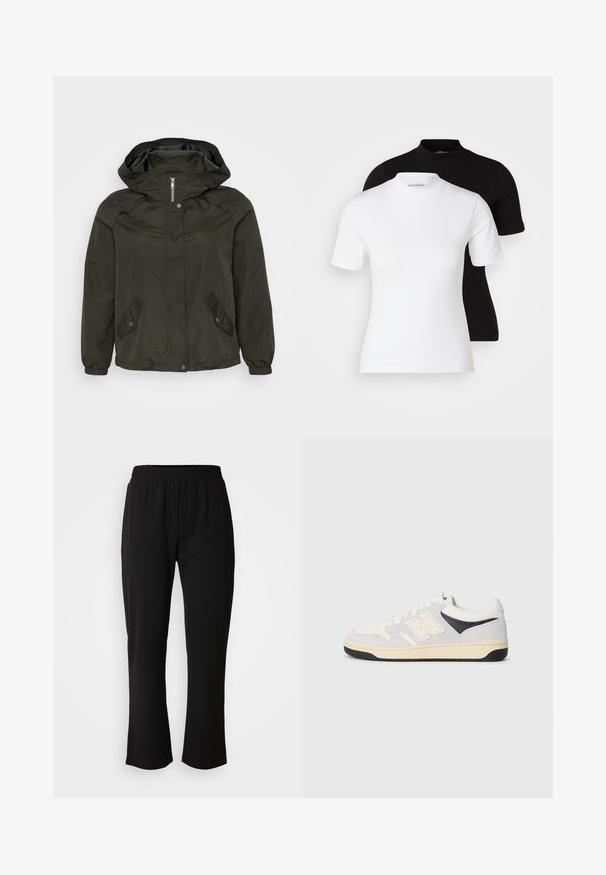 Mörkgrön huvad jacka med dragkedja fram, tryckknappar och två snedställda sidofickor; tillverkad av lättviktig, strukturerad tyg.; Even&Odd Petite 2 PACK - T-shirt - bas - white/black; ONLY Carmakoma CARLAMA STRAIGHT - Tygbyxor - black; Sportssko i vitt, grått och svart. Har material av mocka och textil, perforerat tåparti och logotyp på sidan. Gummisula.