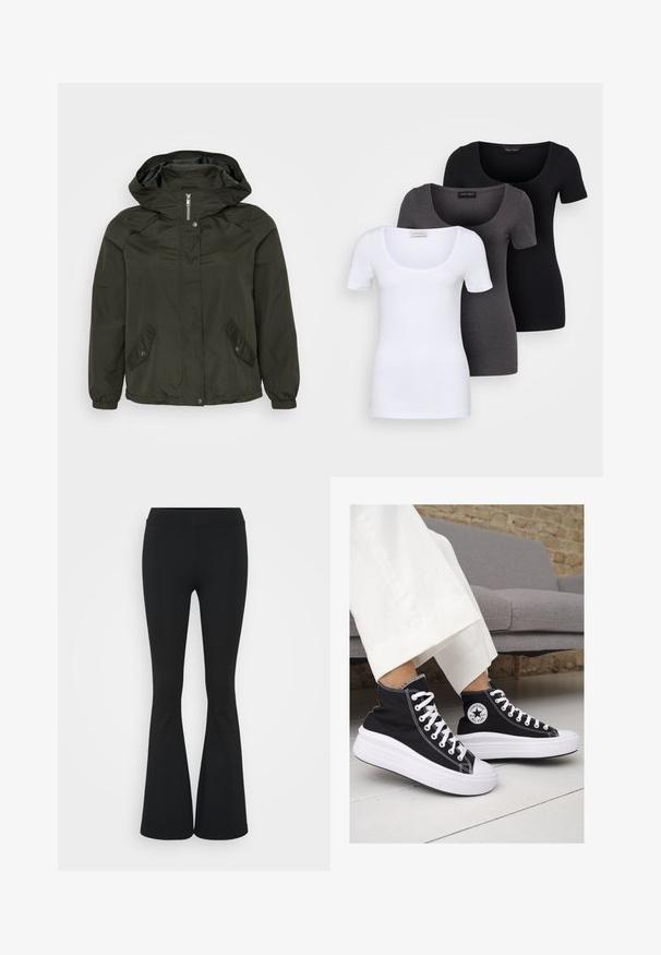 Dunkelgrüne Kapuzenjacke mit einem Reißverschluss vorne, Druckknöpfen und zwei schrägen Seitentaschen; aus leichtem, strukturiertem Stoff gefertigt.; Drei figurbetonte T-Shirts in Weiß, Grau und Schwarz. Jedes hat einen weiten Rundhalsausschnitt und kurze Ärmel. Hergestellt aus glattem, elastischem Stoff.; Schwarze, ausgestellte Hosen aus dehnbarem Material mit hohem Bund und glatter Textur. Die Hose weitet sich ab dem Knie.; Schwarze Canvas-Hochtop-Sneakers mit weißen Gummisohlen und Schnürsenkeln. Mit einem runden Logo an der Seite und kontrastierendem weißen Nähten.