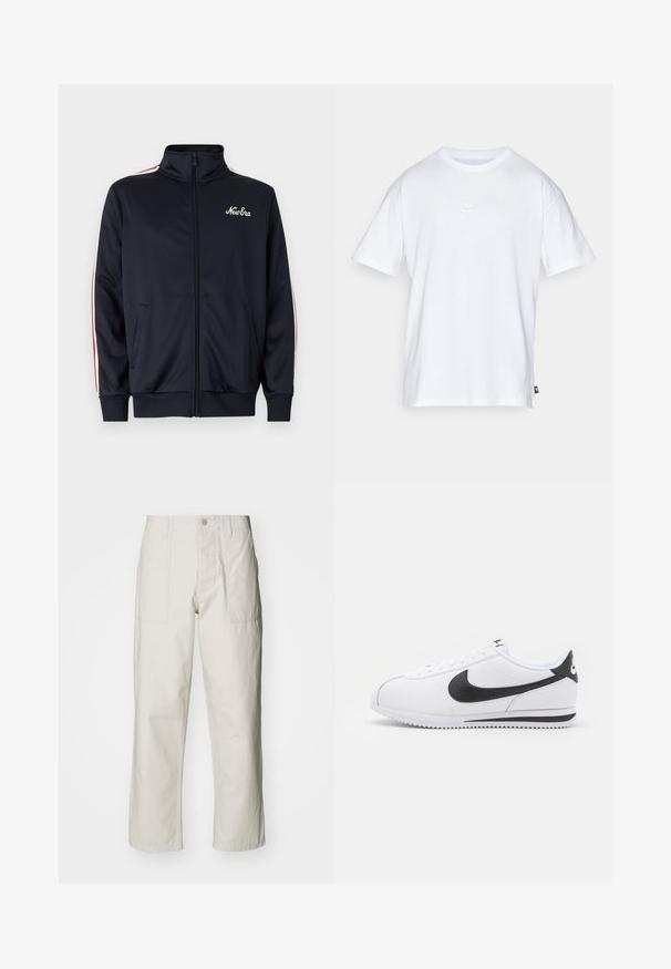 Casaco de pista azul-marinho feito de tecido suave, com gola alta, fecho frontal, bolsos laterais e riscas vermelhas e brancas nas mangas.; T-shirt de algodão branco com mangas curtas e decote redondo. Apresenta um pequeno e discreto logótipo da Nike no peito e uma etiqueta lateral.; Calças largas em bege claro, feitas de algodão. Apresentam bolsos frontais e fecho com botão. Textura suave com linhas verticais subtis.; Sapatilhas brancas de couro com o swoosh preto da Nike, atacadores planos e sola de borracha texturizada. Bico arredondado e colarinho acolchoado para maior conforto.