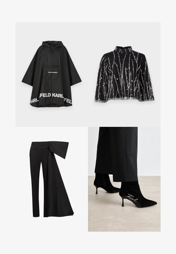 Poncho negru, impermeabil, cu glugă, având o buzunar frontal și detalii cu logo alb pe margine. Material ușor și neted.; Top scurt negru cu guler înalt, prezentând linii verticale din paiete argintii, mâneci transparente și țesătură texturată.; Pantaloni negri cu un detaliu lat de panglică înfășurată la talie. Material neted, croială dreaptă și brâu plisat.; Botine negre din suede, cu vârf ascuțit, toc subțire și detalii argintii "Kowl" pe lateral. Textură netedă și design ajustat.