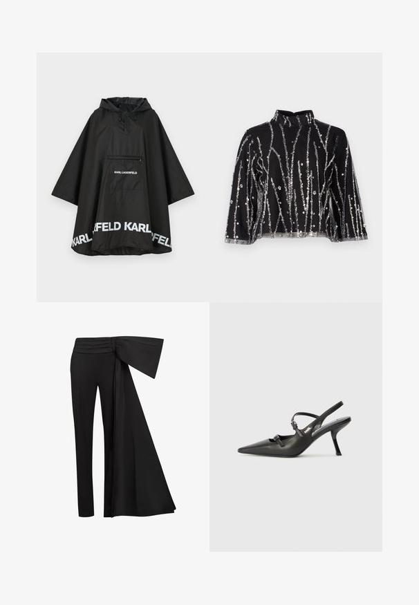 Μαύρο αδιάβροχο poncho με κουκούλα, διαθέτοντας μπροστινή τσέπη και λευκή λογότυπη λεπτομέρεια κατά μήκος του στριφώματος. Λείο, ελαφρύ υλικό.; Μαύρο κοντό τοπ με ψηλό λαιμό, διακοσμημένο με ασημένιες αλληλένδετες κατακόρυφες γραμμές, διαφανείς μανίκες και υφασμάτινη υφή.; Μαύρο παντελόνι με φαρδύ, κρεμαστό διακοσμητικό στοιχείο στη μέση. Λείο ύφασμα, ίσια κοπή ποδιών και πλισέ μέση.; Μαύρες δερμάτινες γόβες slingback με μυτερή μύτη, λεπτό τακούνι και διακοσμητική αγκράφα στο επάνω μέρος. Λείος υφής και κομψός σχεδιασμός.