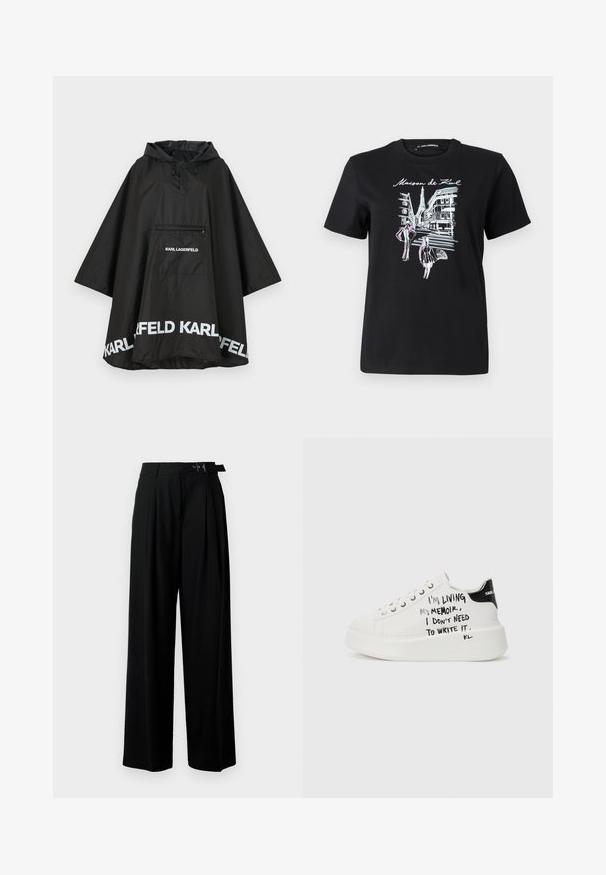 Poncho preto à prova d'água com capuz, apresentando um bolso frontal e detalhes de logotipo branco ao longo da barra. Material liso e leve.; T-shirt de algodão preto com um design gráfico das ruas de Paris com uma torre, acentuado com arte linear em rosa e branco. Gola em corte redondo.; Calças largas pretas de cintura alta, com pregas à frente e um cinto com fivela. Feitas de um tecido liso e leve.; Sapatilhas plataforma brancas com detalhes pretos, apresentando uma sola texturizada e texto manuscrito nas laterais. Material de couro suave.