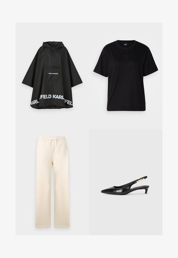 Black waterproof poncho with a hood, featuring a front pocket and white logo detailing along the hem. Smooth, lightweight material.; Black cotton t-shirt with a crew neckline, short sleeves, and an embroidered logo on the chest. Simple, relaxed fit with no patterns.; Cream-colored sweatpants made of soft fabric, featuring an elastic waistband with a drawstring, wide legs, and no visible patterns.; Black leather slingback heels with a pointed toe, featuring a slim heel and a gold-tone accent on the adjustable strap. Smooth texture.