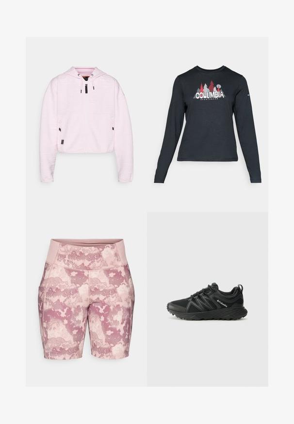 Világos rózsaszín, rövidített kapucnis pulóver texturált anyagból, elülső cipzárral, két cipzáras zsebbel, és állítható zsinórokkal a kapucnin.; Hosszú ujjú, sötétszürke ing piros fákkal és hegyekkel díszítve; a "COLUMBIA" logó vastag fehér betűkkel. Puha anyag, klasszikus kerek nyakkivágás.; Rózsaszín álcázott mintázatú, rugalmas anyagból készült sort, magas derékkal és oldalsó zsebekkel a praktikum érdekében.; Columbia PEAKFREAK - Túracipők - black