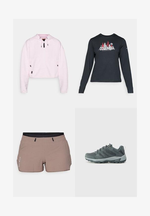 Svetloružový cropped mikina s textúrovanou látkou, predným zipsom, dvoma vreckami na zips a nastaviteľnými šnúrkami na kapucni.; Dlhý rukáv, tmavošedá košeľa s grafikou červených stromov a hôr; logo "COLUMBIA" v tučnom bielom texte. Mäkká tkanina, štandardný okrúhly výstrih.; Béžové šortky vyrobené z ľahkého materiálu, s textúrovaným vzorom, elastickým pásom s čiernymi akcentmi a dvoma bočnými vreckami.; Tmavohnedé turistické topánky s hornou časťou z textilu a semišu, viazaním, polstrovanou podrážkou a robustnou vonkajšou podrážkou s gripom.