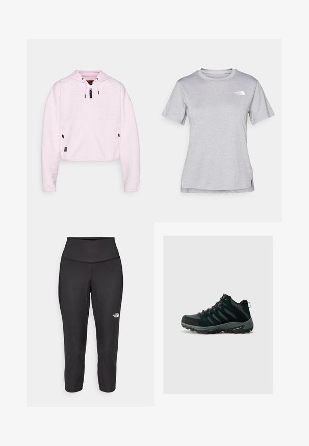 Šviesiai rožinė trumpa gobtuvė su tekstūruota medžiaga, priekinis užtrauktukas, dvi užtrauktukais uždaromos kišenės ir reguliuojamos raišteliai gobtuve.; Pilkas trumpomis rankovėmis marškinėliai, pagaminti iš minkštos, drėgmę sugeriančios medžiagos. Turi apvalią iškirptę ir mažą baltą logotipą viršutiniame kairiajame kampe.; Juodos capri tipo leggingai, pagaminti iš tamprios medžiagos, su aukštu juosmeniu ir mažu baltu logotipu kairėje pusėje. Lygi tekstūra.; Columbia REDMOND - Turistiniai batai - black/citron haze