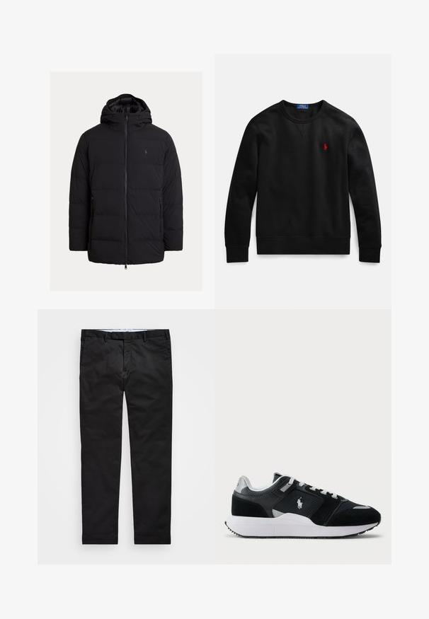 Musta untuvatakki, jossa huppu, pystysuora tikattu kuvio, etuvetoketju ja sivutaskut; rintamuksessa hillitty merkintä.; Musta puuvillainen pusero pyöreällä pääntiellä, jossa pieni punainen logo vasemmassa rinnassa sekä resorit hihansuissa ja helmassa.; Mustat chinot, joissa on suora lahje, valmistettu puuvillasekoitekankaasta, jossa on vetoketjusuljenta, vyölenkit ja sivutaskut. Tasainen ja sileä pinta.; Musta ja valkoinen matala sneaker, jossa on verkko- ja mokkanahka yläosa, valkoiset nauhat, valkoinen pohja ja ratsastajalogolla varustettu sivu.