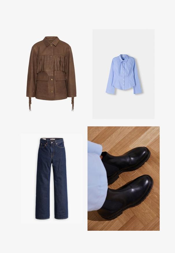 Bruine leren jas met franjes op de borst en mouwen. Heeft een kraag en twee voorkruime zakken. Voorzien van koperen knopen.; Blauw en witte gestreepte langlopende overhemstel met een spreadkraag, getailleerde pasvorm en afgeronde zoom. Gestructureerd katoenen materiaal.; Donkerblauwe rechte spijkerbroek met vijf zakken, oranje stiksels en een knopen sluiting.; Zwarte enkellaarzen van soepel leer met elastische zijpanelen, een getextureerde rubberen zool en contrasterende stiklijnen langs de rand.