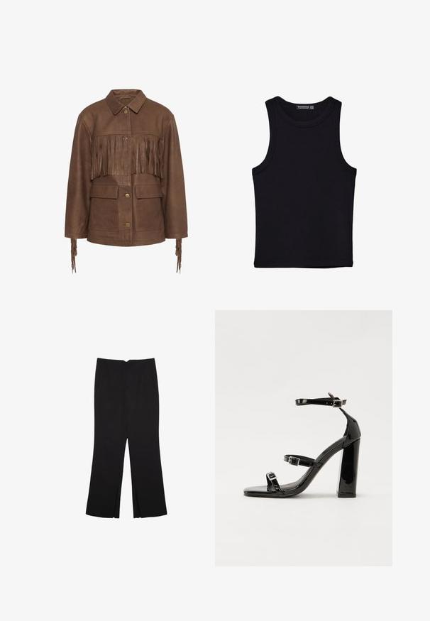 Brun läderjacka med fransdetaljer över bröstet och ärmarna. Har en krage och två framfickor. Inkluderar mässingsknappar.; Svart linne i bomull, med rund halsringning och breda armhål. Slät yta med sydda fållar. Klassisk, minimalistisk design.; Svarta byxor med rak passform, utrustade med framfickor och sidoklyvningar vid fållen. Tillverkade av mjukt, slätt tyg. Lämpliga för olika tillfällen.; Svarta lackerade klacksandaler med fyrkantig tå, ankelremmar och silverfärgade spännen. Har en kraftig blockklack för stabilitet.