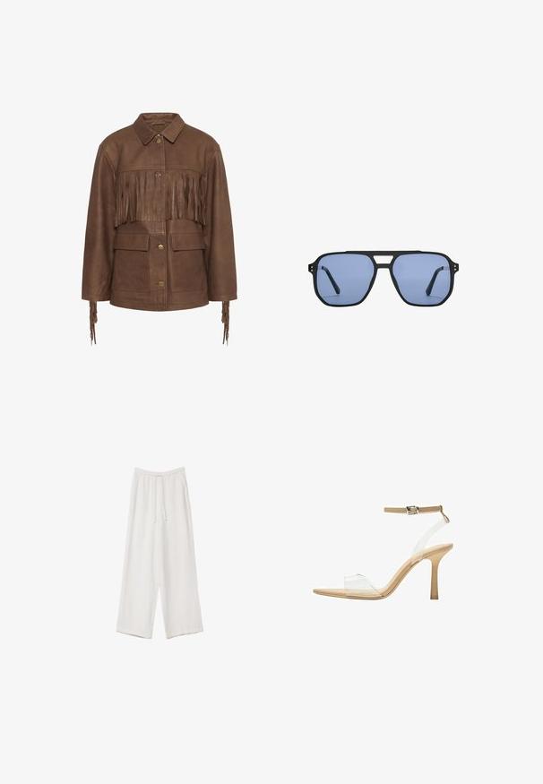 Hnědá kožená bunda s třásněmi na hrudi a rukávech. Má límeček a dvě přední kapsy. Obsahuje mosazné knoflíky.; Svetle béžové tričko s krátkým rukávem a kulatým výstřihem, vyrobené z jemné, hladké tkaniny. Má uvolněný střih a rovný lem.; Bílé široké kalhoty vyrobené z lehké tkaniny. Mají elastický pas se šňůrkou a boční kapsy. Hladká textura.; Průhledná sandálová obuv s průhledným svrškem, béžovou stélkou a štíhlým páskem kolem kotníku. Má špičatou špičku a tenký vysoký podpatek.; Stradivarius RETRO - Sluneční brýle - light blue