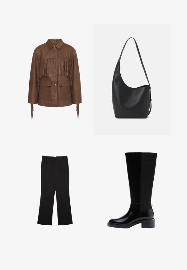 Hnedá kožená bunda s franžou na hrudi a rukávoch. Má golier a dve predné vrecká. Obsahuje mosadzné gombíky.; Čierny krátky rukáv crop top vyrobený z mäkkého materiálu, s okrúhlym výstrihom a vo voľnejšom strihu s čistým lemom.; Čierne nohavice so strihom rovného strihu, s prednými vreckami a bočnými rozparkami na leme. Vyrobené z mäkkej, hladkej tkaniny. Vhodné na rôzne príležitosti.; Čierna čižma po kolená s hladkým koženým povrchom, výrazným šitím, masívnym podpätkom a textúrovaným zadným panelom pre väčší záujem.; Čierna kožená hobo taška so hladkou textúrou, zakriveným tvarom a jedným nastaviteľným popruhom; má široké otvorenie na vrchu.