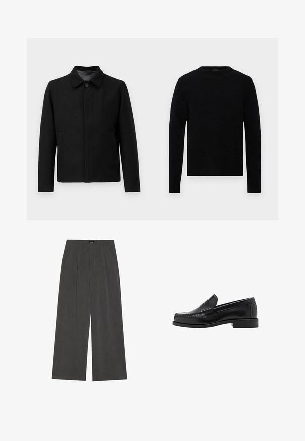 Crna jakna s zatvaranjem na gumb, strukturiranim ovratnikom, dva bočna džepa i teksturiranom tkaninom. Jednostavan, ravno rezan dizajn.; Filippa K SWEATER - Vesta - black; Pola bijela majica kratkih rukava s opuštenim krojem razložena na svijetlosivoj pozadini.; Hlače širokog kroja od tamnosive tkanine, s plisiranim prednjim dijelom, dva bočna džepa i ravnim pojasom. Glatka tekstura i krojen dizajn.; Crne kožne mokasine s glatkom površinom, šivenim detaljima na prstu i dizajnom niskog potplata za udobnost i stil.