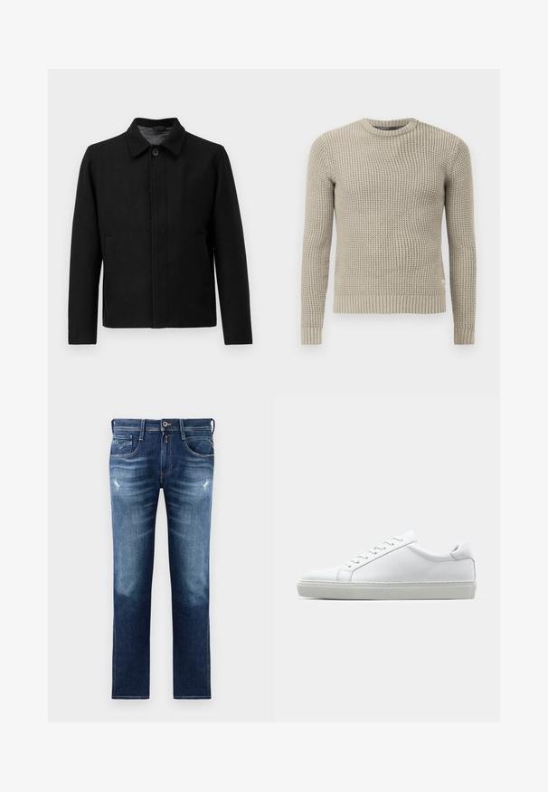 Giacca nera con chiusura a bottone, colletto strutturato, due tasche laterali e tessuto testurizzato. Design semplice e dritto.; Maglione beige lavorato a maglia con maniche lunghe, polsini e orlo a coste, collo rotondo, motivo testurizzato, realizzato in materiale morbido.; Jeans in denim blu con vestibilità regolare, caratterizzati da un lavaggio sbiadito, leggero usura, cinque tasche e cuciture a contrasto. Chiusura con bottone in vita.; Sneaker bianco con tomaia in pelle liscia e profilo basso. Presenta una punta arrotondata, sei occhielli e una suola in gomma testurizzata.