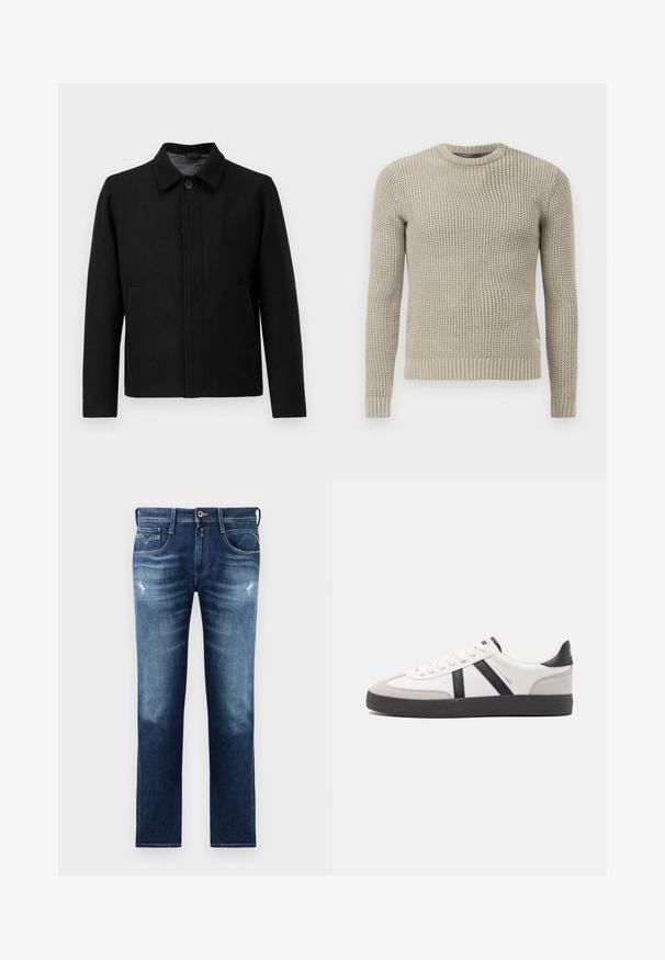 Giacca nera con chiusura a bottone, colletto strutturato, due tasche laterali e tessuto testurizzato. Design semplice e dritto.; Maglione beige lavorato a maglia con maniche lunghe, polsini e orlo a coste, collo rotondo, motivo testurizzato, realizzato in materiale morbido.; Jeans in denim blu con vestibilità regolare, caratterizzati da un lavaggio sbiadito, leggero usura, cinque tasche e cuciture a contrasto. Chiusura con bottone in vita.; Sneaker bianco con accenti neri e grigi, dotata di una punta grigia testurizzata, suola in gomma nera e lacci bianchi piatti. Design pulito, stile minimalista.