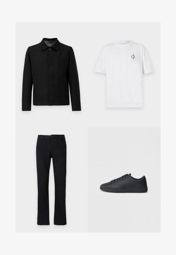 Black jacket with a button closure, structured collar, two side pockets, and textured fabric. Simple, straight-cut design.; White cotton t-shirt with a relaxed fit, featuring a small black graphic logo on the left chest area. Short sleeves, crew neck style.; Black straight-leg jeans made of denim. Features a zipper fly, five pockets, and subtle stitching. Flat waistband with a belt loop.; Black sneakers made of smooth leather with a low-top design, round toe, and flat rubber sole. Features laces and subtle branding.