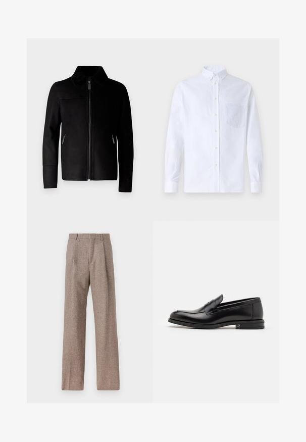 Zwarte leren jas met een rits aan de voorkant, voorzien van een gestructureerde kraag, zij-ritszakken en een getailleerd ontwerp. Gladde oppervlakte, geen zichtbare patronen.; Witte lange mouwen overhemd van katoen, met een borstzak met tonale borduring, een kraag en knopenmanchetten.; Bruine, hooggewaisted broeken van een gestructureerde stof. Heeft wijde benen en twee voorplooien voor extra structuur. Net afgewerkt zonder zichtbare hardware.; Zwarte leren instappers met een gladde textuur, ronde neus en een decoratieve band over de wreef. Lage, gestapelde hak en minimalistisch ontwerp.
