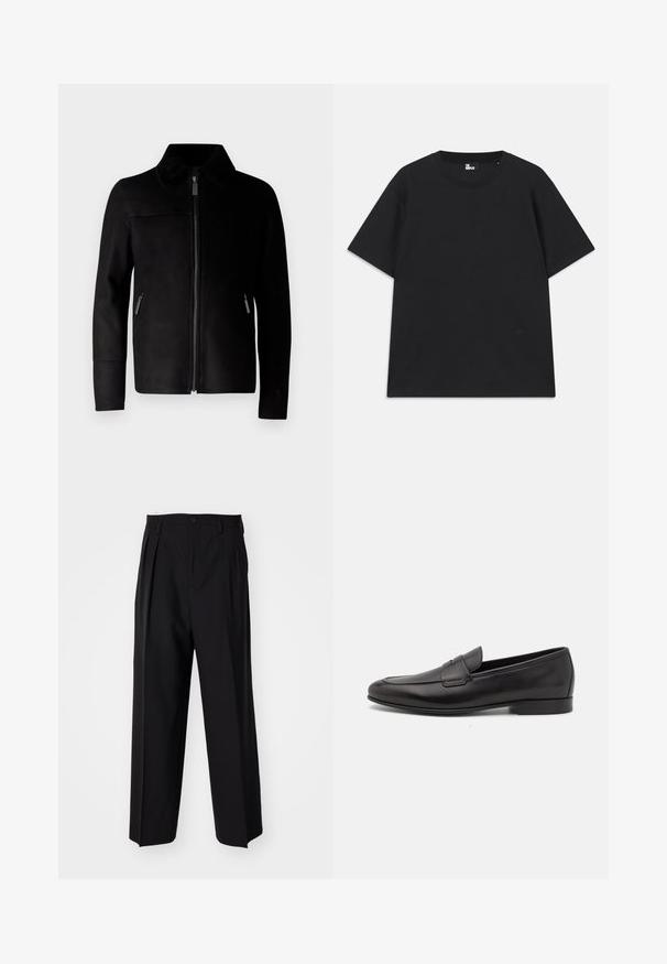 Zwarte leren jas met een rits aan de voorkant, voorzien van een gestructureerde kraag, zij-ritszakken en een getailleerd ontwerp. Gladde oppervlakte, geen zichtbare patronen.; Zwart kortebril T-shirt van katoen, met een ronde hals en een klein logo detail near de zoom. Gladde textuur, normale pasvorm.; Zwarte geplooide broeken met een rechte, brede pijpontwerp. Gemaakt van soepele stof, met een knoopsluiting en riemlussen.; Zwarte leren herenloafers met een lage hak en een klassiek pennystrap-ontwerp, getoond in zijaanzicht op een witte achtergrond.