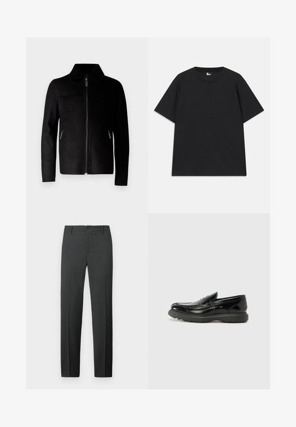 Schwarze Lederjacke mit Reißverschluss vorne, ausgestattet mit einem strukturierten Kragen, seitlichen Reißverschlusstaschen und einer taillierten Passform. Glatte Oberfläche, keine sichtbaren Muster.; Schwarzes Kurzarm-T-Shirt aus Baumwolle mit rundem Halsausschnitt und einem kleinen Logo-Detail am Saum. Glatte Textur, reguläre Passform.; Maßgeschneiderte dunkelgraue Hose aus glattem Stoff. Verfügt über einen Knopfverschluss, Gürtelschlaufen und gerade Beine für eine klassische Passform.; Schwarze Lederloafer mit glanzendem Finish, abgerundetem Zehenbereich, subtilen Steppnähten und einer dicken Gummisohle für Langlebigkeit.