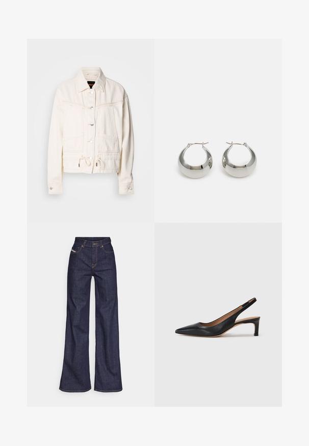 White denim jacket with a collared neck, front pockets, and drawstring at the hem. Features silver buttons and stitched detailing.; White long-sleeve shirt made from smooth cotton, featuring a classic pointed collar, front button closure, and tailored fit with side slits.; Dark blue wide-leg jeans in denim fabric with a high waist, featuring orange stitching, five-pocket design, and a button closure.; Black leather slingback pump with a pointed toe, low heel, and a smooth texture. Features a thin adjustable strap for a secure fit.; Silver metal hoop earrings with a smooth, shiny surface and a structured, rounded design. Features a hinged clasp for secure wear.