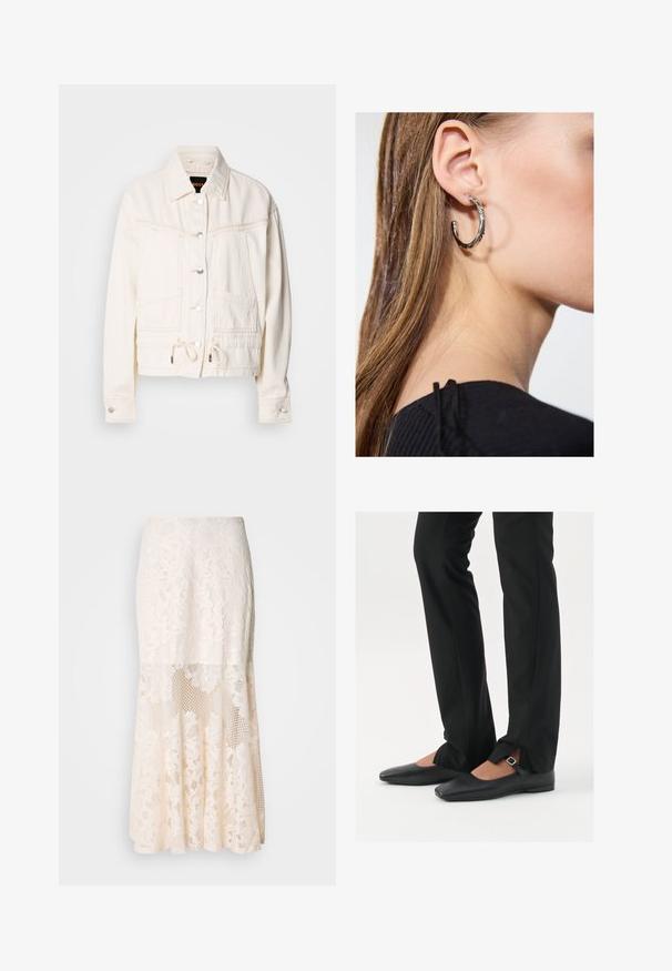 Giacca in denim bianco con colletto, tasche frontali e coulisse all'orlo. Presenta bottoni argentati e dettagli cuciti.; Top nero senza maniche realizzato in un tessuto morbido e elasticizzato. Caratterizzato da un collo rotondo e spalline larghe, con una vestibilità aderente e una superficie liscia.; Gonna midi in pizzo floreale color crema; presenta un design a strati con sezioni trasparenti, pizzo testurizzato e un orlo svasato.; Ballerine in pelle nera con punta appuntita, cinturino con fibbia in argento, abbinate a pantaloni neri su misura con orlo a spacco.; Orecchino a cerchio in argento con finitura lucida, caratterizzato da piccoli dettagli in oro e una forma tondeggiante, indossato sul lobo.