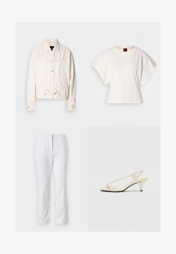 Weiße Denimjacke mit kragen, vorderen Taschen und Kordelzug am Saum. Ausgestattet mit silbernen Knöpfen und genähten Details.; Weißes, kurzes T-Shirt, kurze weite Ärmel, weicher Baumwollstoff, runder Ausschnitt mit subtilen orangefarbenen Akzenten, minimales Design, keine Muster oder Grafiken.; Weiße Baumwollhose mit geradem Bein, mittelhoher Taille und ohne sichtbare Beschläge oder Muster. Glatte Textur auf der gesamten Fläche.; Beige Blockabsatzsandalen mit dünnen Riemen und quadrater Spitze. Glattes Material mit minimalem Design, entworfen für einfaches Tragen.