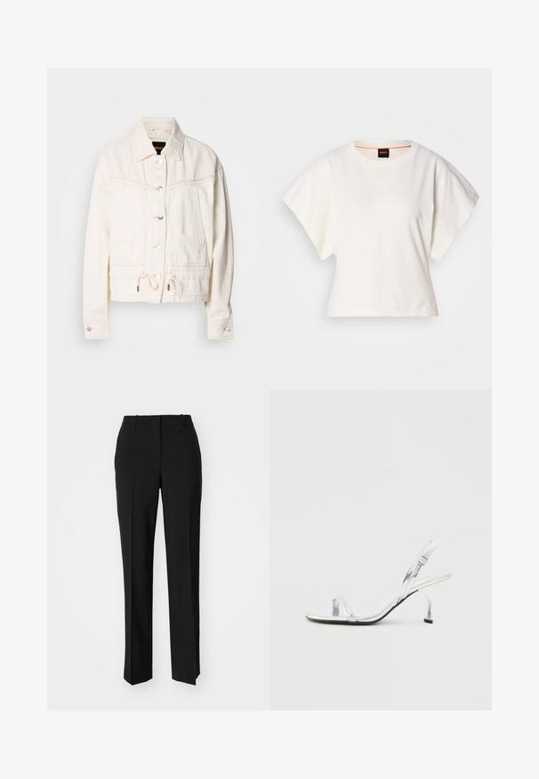 Baltas džinsinis švarkas su apykakle, priekinėmis kišenėmis ir šniūreliu apatine dalimi. Yra sidabrinės mygtukų ir siuvinėjimo detalės.; Baltas trumpas marškinėliai, plačios trumpomis rankovėmis, minkšta medvilnė, apvali kaklo iškirptė su subtiliu oranžiniu apvadu, minimalus dizainas, be raštų ar grafikų.; Juodi pritaikyti kelnių modeliai su tiesiomis kojomis, pasižyminčios lygiomis tekstūromis ir ryškiomis klostėmis priekyje. Nėra matomų detalių.; Sidabrinės patentinės odos slingback aukšto kulno sandalai su siauru pirštų dirželiu, reguliuojamu sagtimi ir plonu kulnu.