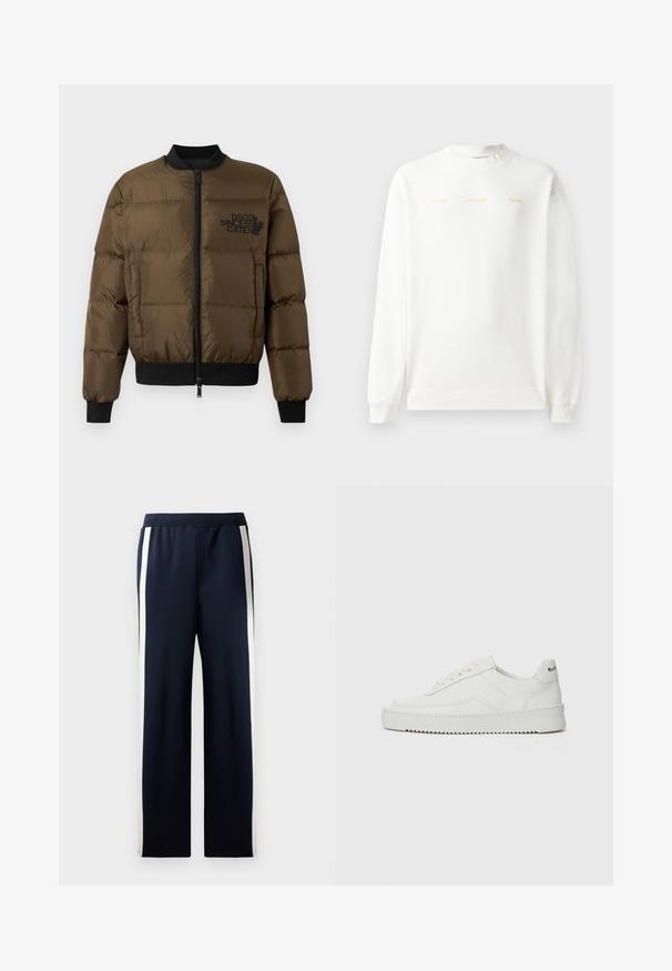 Olive green puffer jacket with a zip front, ribbed cuffs, and hem. Features black logo print on the chest and quilted design.; White sweatshirt with round neck, long sleeves, and ribbed cuffs. Features gold printed text across the chest: "HZW (25-26) HOLZWEILER THE SUN."; Navy sweatpants with a wide leg design, featuring vertical cream stripes along the sides. Made from soft, textured fabric with an elastic waistband.; White leather sneaker with a smooth finish, round toe, flat laces, and a textured sole. Features a subtle logo on the heel.