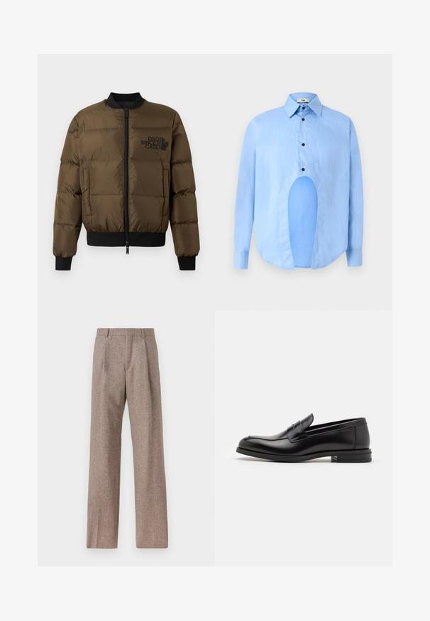 Olivengrøn puffjakke med lynlås foran, ribbede manchetter og kant. Har sort logo-print på brystet og kviltet design.; Lysblå langærmet skjorte med spids krave, sorte knapper og et unikt udskæring foran for et særpræget design.; Brune, højtaljede bukser lavet af tekstureret stof. Har brede ben og to frontfoldninger for struktur. Pæn finish uden synlig hardware.; Sorte læderloafers med en glat overflade, rund tå og en dekorativ strop over vampen. Lav hæl med stabeldesign, minimalistisk stil.