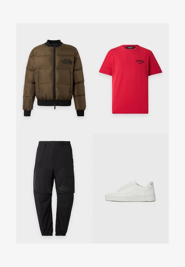 Olive green puffer jacket with a zip front, ribbed cuffs, and hem. Features black logo print on the chest and quilted design.; Red cotton T-shirt featuring short sleeves, a round neckline, and a black embroidered logo on the left chest. Simple and solid design.; Black cargo pants with an elastic waistband, featuring multiple side pockets, a zipper detail, and a subtle printed logo on the thigh.; White leather sneaker with a smooth finish, round toe, flat laces, and a textured sole. Features a subtle logo on the heel.